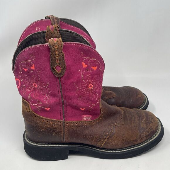 Justin Shoes - Justin Gypsy Western Cowgirl Boots Womens 9.5 Brown Pink Leather Perf Saddle